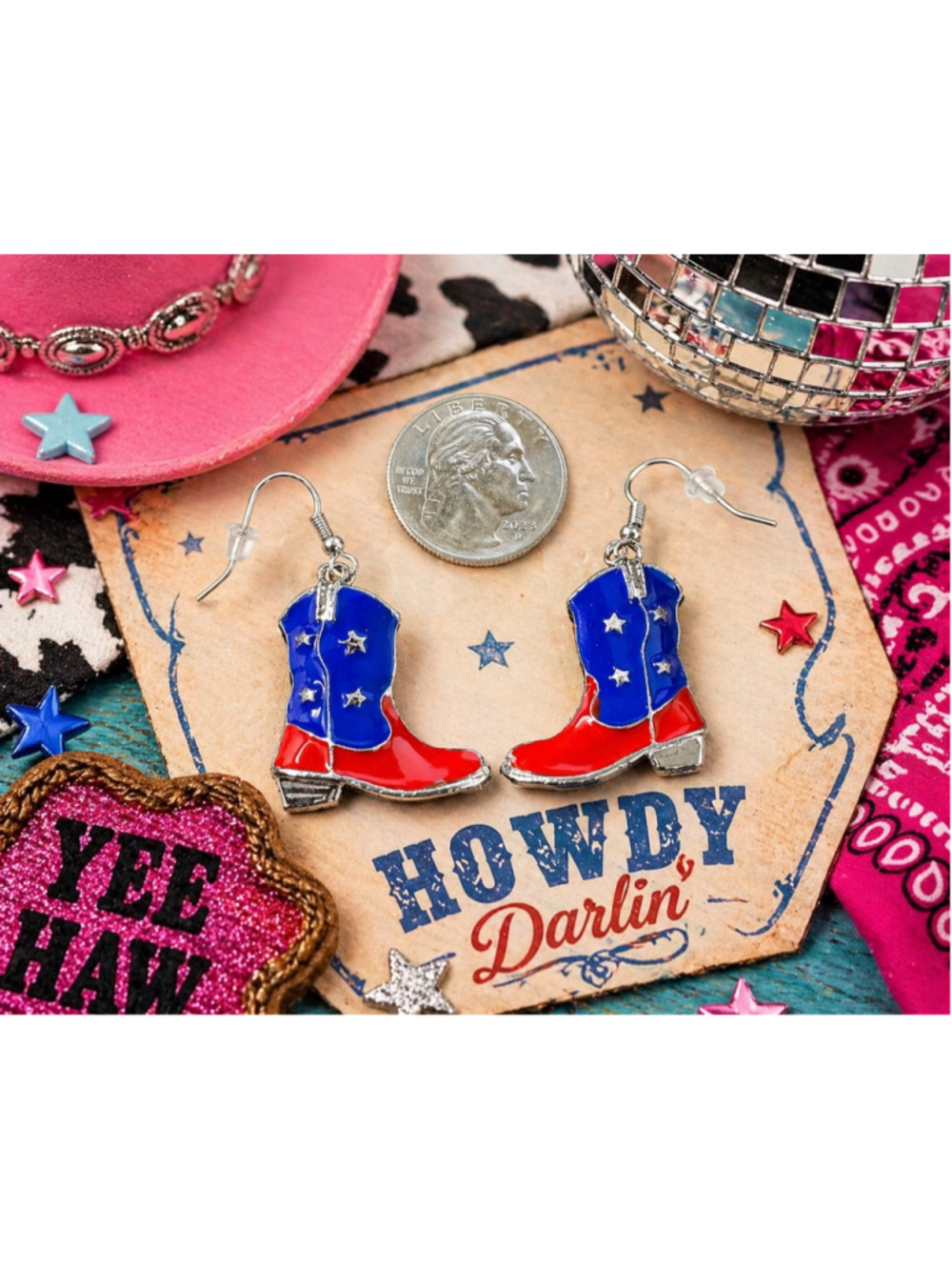 Red White Blue Cowboy Boot Earrings Western Patriotic Dangle Cowgirl Boots USA